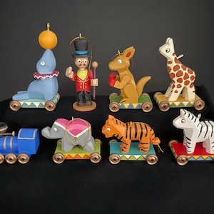 Wooden Circus Train With Animals Set of 8 Christmas ornaments