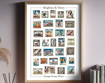 Brighton Stamp Album- Humorous Vintage Postage Stamps. Brighton & Hove Art print, a great gift poster - Royal Pavilion i360 and Pier