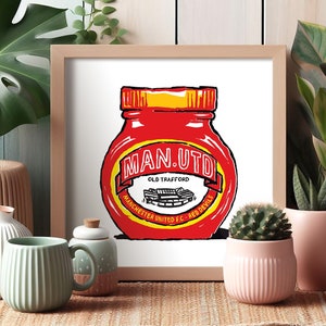 Stampe artistiche gastronomiche del Manchester United - 5 design - Arte murale umoristica - Regalo MUFC, ManU, Old Trafford, Red Devils, regalo di calcio del Man Utd.