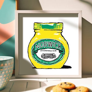 Stampe artistiche gastronomiche del Norwich City FC - 4 design - Arte murale umoristica - NCFC, The Canaries presentano, Carrow Road Stadium, regalo del Norwich City FC.
