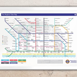 Mappa della metropolitana di Brighton - stampa murale umoristica - Stampa artistica firmata di Brighton & Hove, un fantastico poster regalo - Royal Pavilion i360 e Pier