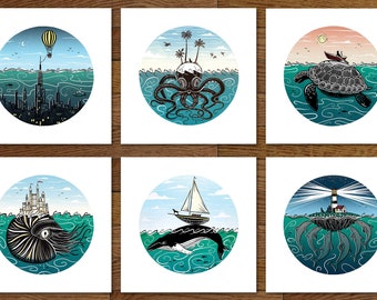 Sea Turtle, Whale, Nautilous, Kraken, Dolphin - 6 Designs nautical Art Print - Great seascape gift art for animal lover or traveller!