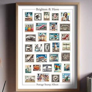 Brighton Briefmarken Album - Humorvolle Vintage Briefmarken. Brighton & Hove Kunstdruck, ein tolles Geschenkposter - Royal Pavilion i360 und Pier