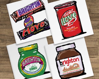 Brighton & Hove Greeting Cards, 4 Pack - Chocaholic, Ooh Hove! Nutty! and Marmite