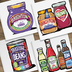 Brighton & Hove Greeting Cards, 4 Pack - Rainbow Beans, Saucy, Marmite and PB and J. Great for the Brighton Lover or Brighton FC fan