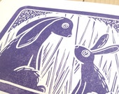 Bunny Mummy in purple - limited edition hand made linocut animal art print wall art with a shabby chic vintage retro feel