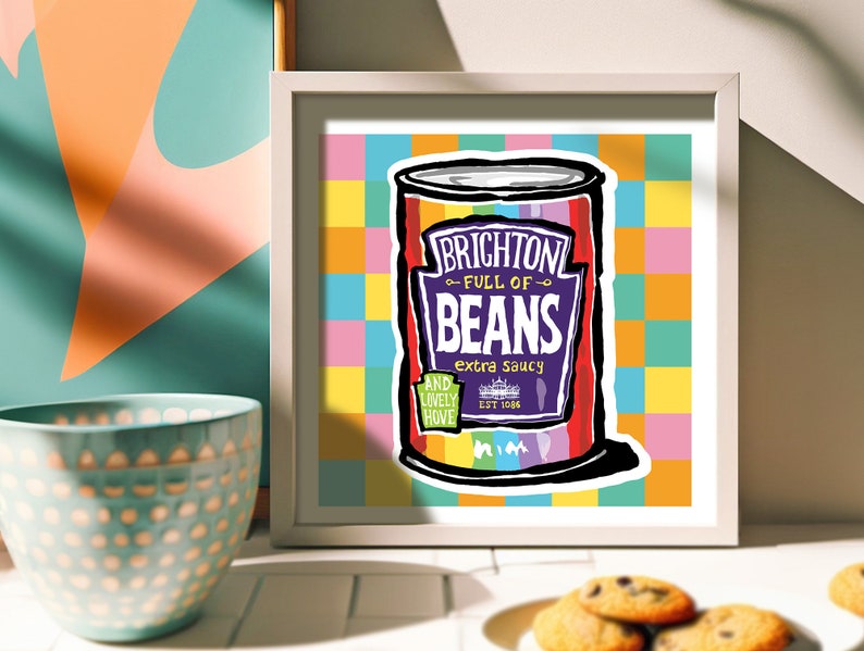 Brighton & Hove Beans Art Print 2 Styles a great Brighton and Hove Gift, Brighton Present Colour Background
