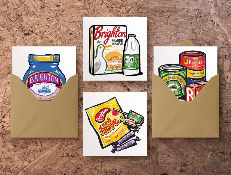 Brighton & Hove Greeting Cards, 4 Pack Sweeties, Brighton Breakfast, Store Cupboard and Marmite Blue. image 5