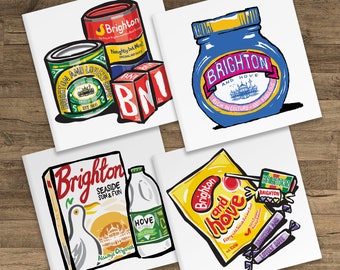 Brighton & Hove Greeting Cards, 4 Pack - Sweeties, Brighton Breakfast, Store Cupboard and Marmite Blue.