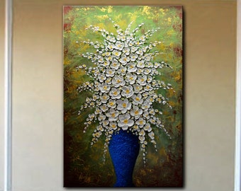 Contemporary Oil Still life painting Heavy palette knife Thick Textured Impasto -White Flowers In A Vase- By Nick Sag 36" x 24"