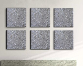 Original Contemporary painting on canvas  Acrylic Impasto - Silver Metallic Leaves- By Nick Sag 12" x 12"