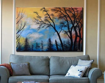 Original Forest Landscape painting Contemporary Fine art Home decor -Silent View- By Nick Sag 36" x 24"