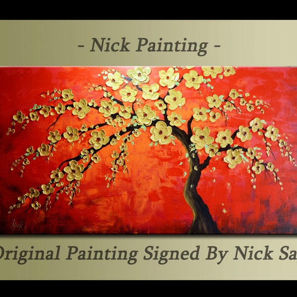 Arbre abstrait peinture contemporaine paysage sur toile huile et acrylique empâtements - fleurs dorées - par Nick Sag 122 x 61 cm