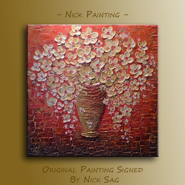 Grande peinture carrée moderne, épaisse, texturée, peinture à l'huile et acrylique, empâtement - fleurs dorées - par Nick Sag 28 "x 28"