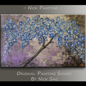 Oil painting Abstract Contemporary art on canvas Blue flowers Textured Impasto Blue Dream By Nick Sag 32 x 20 image 2