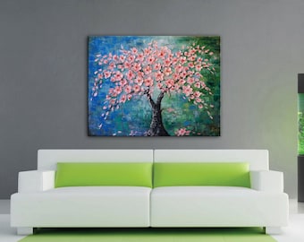 Original Contemporary painting on canvas Oil and Acrylic Impasto - Peach Tree - By Nick Sag 36" x 24"