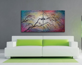 Original Two Piece Painting Lovebirds on canvas Oil and Acrylic  - Soul Mates- By Nick Sag 40" x 20"