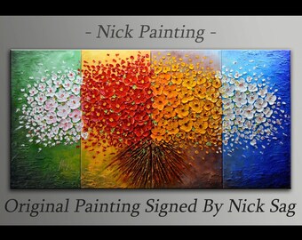 Four Seasons Bouquet- Original Painting Contemporary Four Piece Still Life art on canvas Oil Impasto - - By Nick Sag 48" x 24"