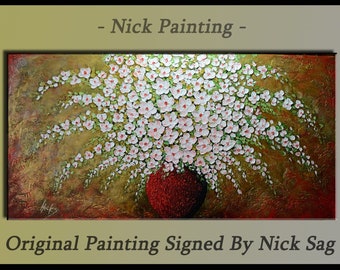 Floral art Large painting White abstract flowers Heavy palette knife Impasto - Spring Bouquet - By Nick Sag 48" x 24"