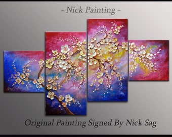 Impressonist  Tree painting Original Asymmetrical wall decor Thick textured Oil and Acrylic - Caramel Flowers - By Nick Sag 48" x 24"