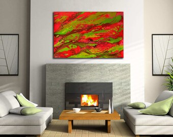 Abstract Modern Painting on Canvas Contemporary Liquid Flow Paintng - Red & Green -  By Nick Sag 24" x 36"