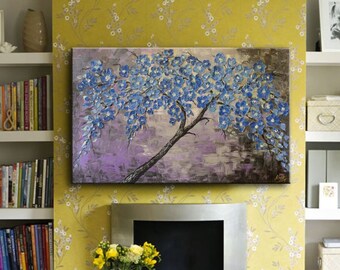 Oil painting Abstract Contemporary art on canvas Blue flowers Textured Impasto - Blue Dream - By Nick Sag 32" x 20"