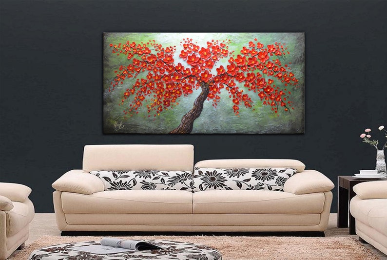 Original XLarge Painting Impasto Red Flowers Oil and Acrylic on Canvas Ready To Hang By Nick Sag 48 x 24 image 3