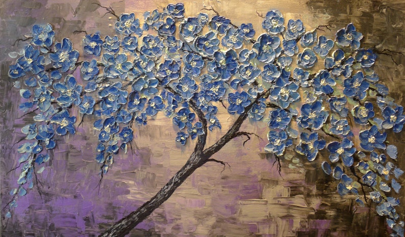 Oil painting Abstract Contemporary art on canvas Blue flowers Textured Impasto Blue Dream By Nick Sag 32 x 20 image 3