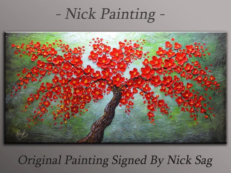 Original XLarge Painting Impasto Red Flowers Oil and Acrylic on Canvas Ready To Hang By Nick Sag 48 x 24 image 1