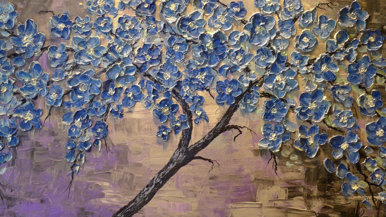 Oil painting Abstract Contemporary art on canvas Blue flowers Textured Impasto Blue Dream By Nick Sag 32 x 20 image 4