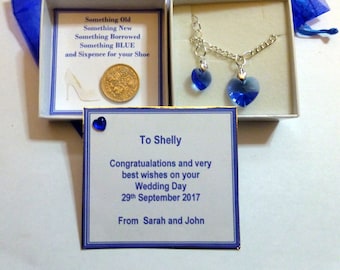 Something Blue Traditional Lucky Bridal Anklet made using Swarovski Sapphire Blue Hearts Silver Sixpence Brides Shoe Personalised Gift Card