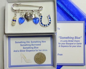 Something Blue Lucky Bridal Kilt Pin Charm to add to Garter or Bouquet with Lucky Old Sixpence for Shoe and Gift Card