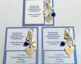 Something Blue Bridal Wedding Remembrance Charm with "A Piece of my Heart is in Heaven" Buttonhole for Groom or Bouquet Charm for Bride