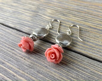 Pretty in Pink Roses with Silver Round and Sterling Silver Earring Hooks