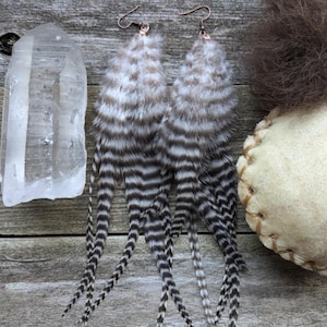 Long Black & White Stripe Feather Earrings, Feather Earrings, Boho Feather Earrings, Boho Earrings, Long Feather Earrings, Handmade Earrings