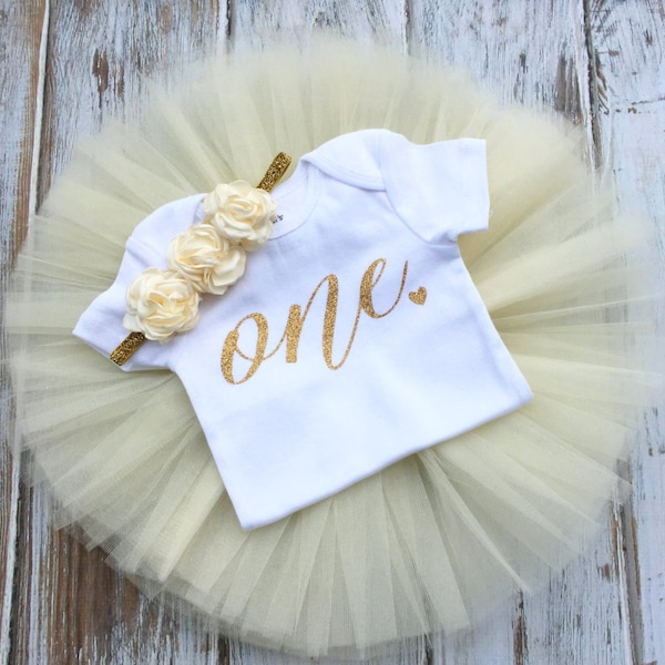 Ivory and Gold 1st Birthday Girl Outfit First Birthday Outfit Girl 1st Birthday Tutu Outfits Cake Smash Outfit Girl First Birthday Tutu