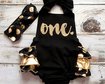 1st Birthday Romper- 1st Birthday Girl Outfit- 1st Birthday Outfit Girl- First Birthday Romper- Gold Romper- Black and Gold First Birthday