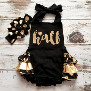 Black and Gold Half Birthday Outfit- Gold Romper- Black Gold Birthday Romper- 6 month Birthday Outfit- Half Birthday Romper- Sequin Romper