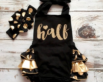 Black and Gold Half Birthday Outfit- Gold Romper- Black Gold Birthday Romper- 6 month Birthday Outfit- Half Birthday Romper- Sequin Romper