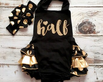 Black and Gold Half Birthday Outfit- Gold Romper- Black Gold Birthday Romper- 6 Month Birthday Outfit- Half Birthday Romper- Sequin Romper