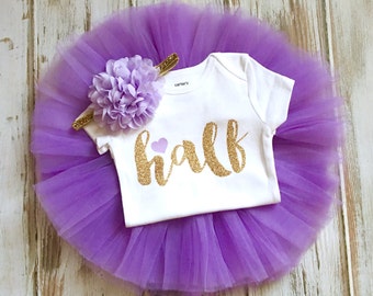 Half Birthday Girl Outfit- Lavender and Gold Half Birthday Outfit- Half Birthday Tutu Outfit- 1/2 Birthday Girl- 6 month -Lavender Tutu