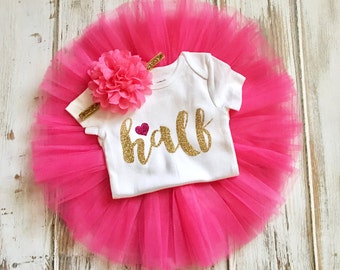 Half Birthday Outfit Girl- Hot Pink and Gold Half Birthday Outfit- Hot Pink Gold Half Birthday Outfit- Hot Pink and Gold Half Birthday Tutu