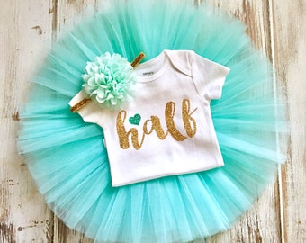 Half Birthday Girl Outfit- Mint and Gold Half Birthday Outfit Girl- 6 Month Baby Girl Outfit- Half Birthday Tutu and Headband Set
