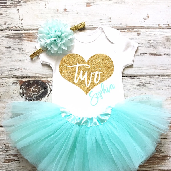 Personalized Mint and Gold 2nd Birthday Outfit Girl, Heart Second Birthday Shirt, 2nd Birthday Girl, Second Birthday Dress, Mint Tulle Skirt