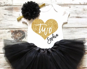2nd Birthday Outfit Girl- 2nd Birthday Shirt Girl- 2nd Birthday Girl- Second Birthday Outfit Girl- 2nd Birthday Tutu Outfits- Black and Gold
