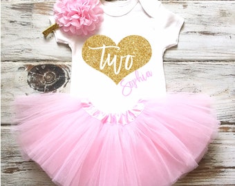 Personalized 2nd Birthday Outfit Girl, Valentines Second Birthday, Second Birthday Shirt, 2nd Birthday Tutu Outfits, Tutu Set, Pink and Gold