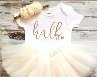 Ivory and Gold Half Birthday Girl Outfit- Half Birthday Outfit Girl- 6 month Baby Girl Outfit- Half Birthday Tutu- Baby Girl Ivory Tutu