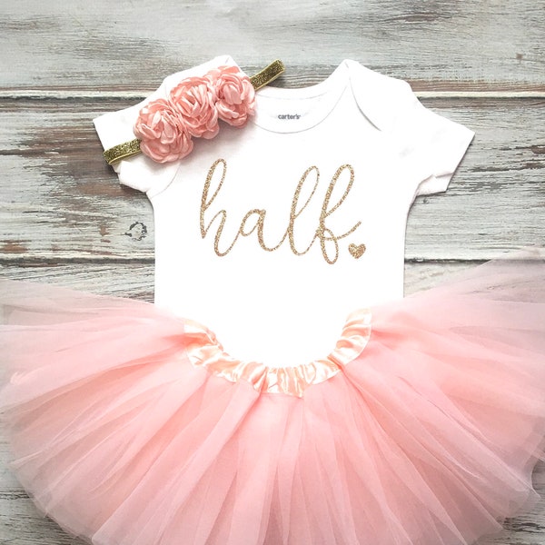 Peach and Gold Half Birthday Outfit Girl- Half Birthday Girl Outfit- Half Birthday Tutu- 6 month Baby Girl Outfit- Baby Girl Peach Tutu