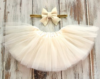 Ivory and Gold Baby Tutu and Headband Set- 1st Birthday Tutu- Half Birthday Tutu- Ivory Tutu Outfit- Tutus for Babies- First Birthday Tutu