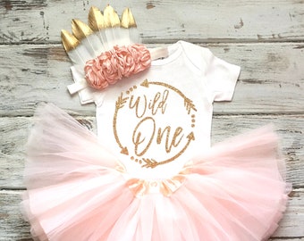 Wild One Birthday Girl- Peach and Gold Wild One Birthday Outfit- Wild One Shirt- Boho Birthday Girl- 1st Birthday Girl Outfit Peach Tutu